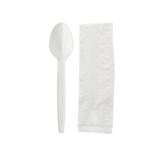KIT DE CUCHARA BLANCO Y SERVILLETA S/SAL - 100 UNIDADES